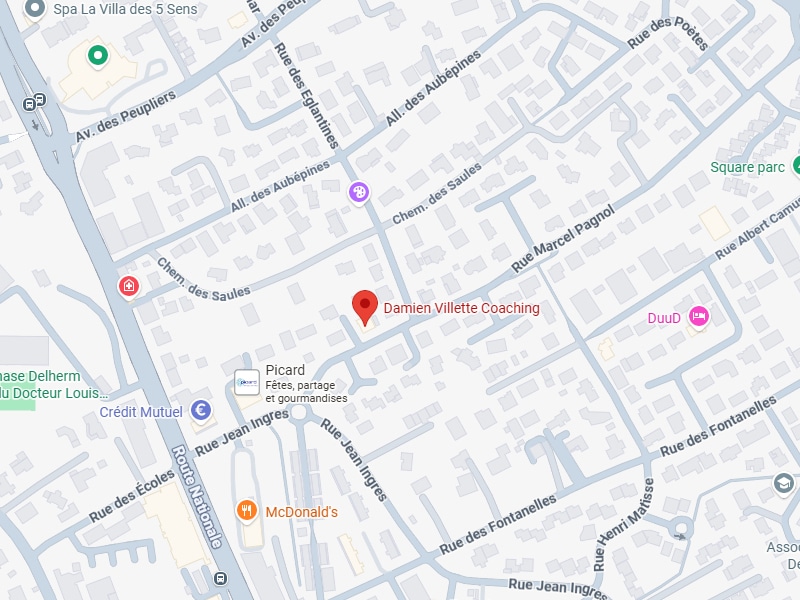 Damien Villette Coaching : Localisation, Carte et Accès Carte détaillée montrant Damien Villette Coaching (point rouge). Repères : Rue Marcel Pagnol, Rue Jean Ingres, Picard, McDonald's.